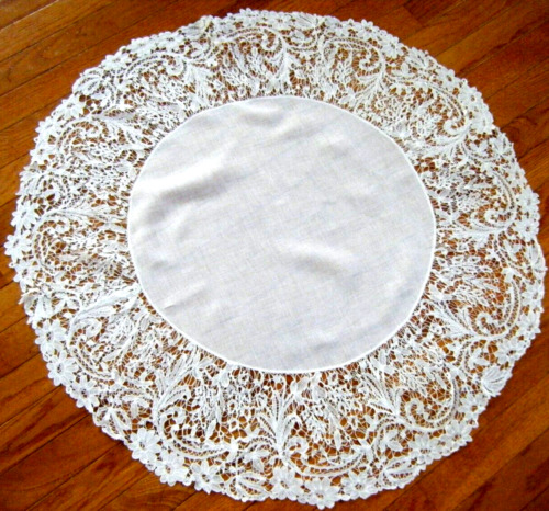 Antique Brussels Duchesse lace flounce Tablecloth linen voile center hand made