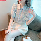 Korean Womens Floral Ruffle Beads Puff Sleeve Chiffon Summer Tops Blouse T-Shirt