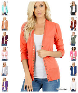 Women's Soft Snap Button Front V-Neck 3/4 Sleeve Knit Cardigan Sweater S-3XL