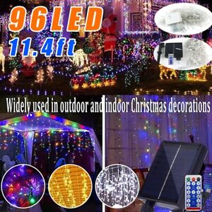 96LED Hanging Icicle Curtain String Lights Solar Outdoor Xmas Wedding Party Deco