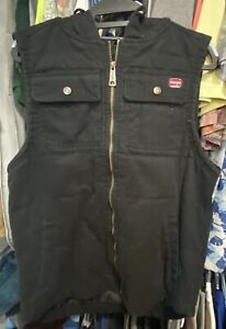 Wrangler Workwear Vest Men's Medium Black Quilted Duck Canvas Hooded Work M EUC