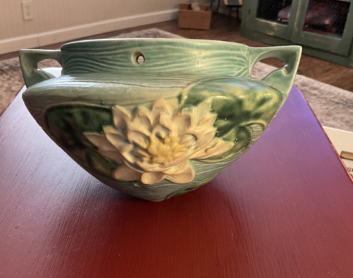 Vintage Roseville Pottery Water Lily Flower Hanging Pot Planter 6” & Chain Blue
