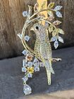 Yellow Clear Parrot Bird Rhinestone Brooch Pin Vintage Crystal Glass Gold Tone