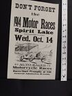 1914 Auto Races Advertising ARNOLDS PARK IOWA SPIRIT LAKE IOWA Broadside