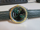 Mens Guess gold silver two tone green dial strap wrist watch fluted bezel