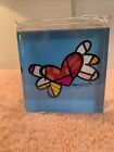 ROMERO BRITTO Giftcraft Glass Square Paperweight Blue Heart Valentines 2010