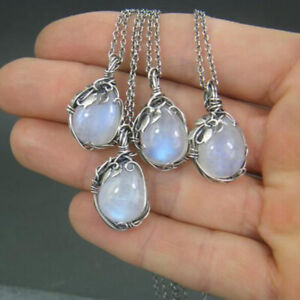 Vintage 925 Silver Moonstone Necklace Pendant for Women Party Jewelry Xmas Gift
