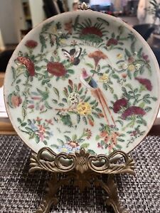 Antique 19th c. Chinese Export Porcelain Celadon Plate Bird Butterfly Peony