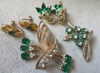 Vintage Lot of Green Rhinestone Brooches and Earrings CORO Goldtone