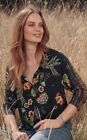 Johnny Was Ardell Top Womens XXS Floral Henley T-Shirt Multicolor 3/4 Sleeve