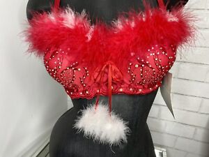 Red White Boa Feather Valentines Day Lingerie Rhinestone Padded Lace Bra 36C