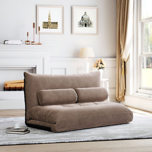 Light Brown Floor Sleeper Sofa Bed - Foldable Futon with Adjustable Five Positio