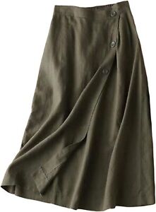 Women Summer Linen Elastic Back Buttoned Swing Midi A Line Skirt - Chartou