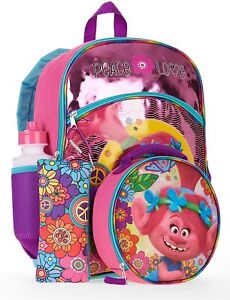 Peace Love Trolls 5-Pc Backpack Set Water Bottle Lunch Bag Pencil Case Carabiner