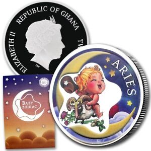 New ListingGhana 2022 1/2oz Silver Baby Zodiac Aries Colorized Proof coin w/ Certificate