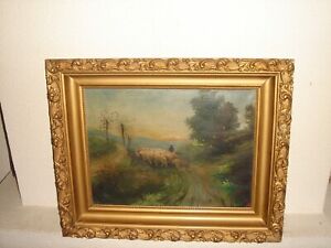Antique oil painting,{  Sherperd with his flock of sheep, is signed and dated}.