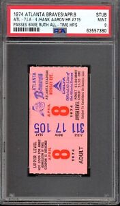 1974 Atlanta Braves Ticket Stub HANK AARON HR 715 April 8 Passes Babe Ruth PSA 9