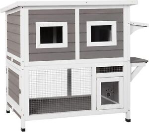 Petscosset Cat House Outdoor Weatherproof Kitty Shelter with Platform,Greywhite