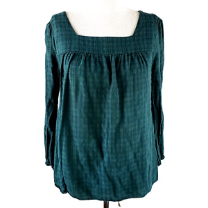 MADEWELL Babydoll Top Small Green Plaid Square Neck Cotton Blend Pullover