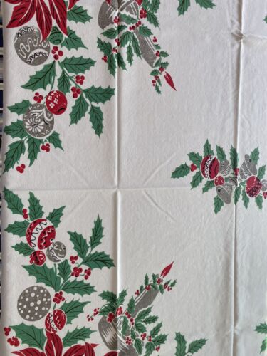 Vintage Christmas Tablecloth With Poinsettias And Holly