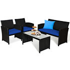 Patio Rattan Furniture Conversation Set 4PCS Cushion Sofa Table Garden Navy