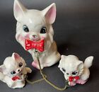 Vintage MCM Pink Ceramic Cat Family Mom & 2 Kittens W Chains Attached Kitschy