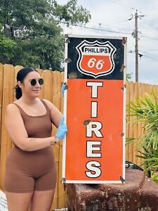 Large Porcelain Phillips 66 Tires Advertising Sign 42X18 In