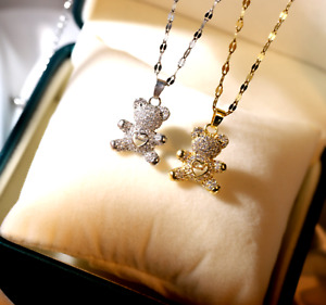 Titanium Silver/Gold Love Heart Teddy Bear Pave CZ Pendant Chain Necklace