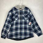 Wrangler Flannel Jacket Shirt Men XXL 2XL Blue Plaid Hooded Quilted Lined Button