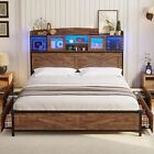 Full/Queen Size Bed Frame with 4 Drawers & LED Lights Platform Bed Rustic Brown