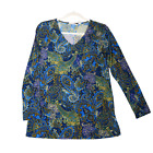 Susan Graver Tunic Blouse Womens XXS Blue Stained Glass Floral Paisley Stretch