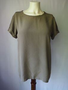 Theory 100% Silk Tee Shirt Blouse Top Raw Edge Rolled Cuff Taupe Size S