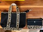 Lands' End Small Canvas Open Top Tote Bag Matching Wristlet Black Leopard New