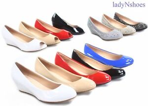 NEW  Women's Round Toe Open Toe Patent Glitter Low Wedge Pump Shoes
