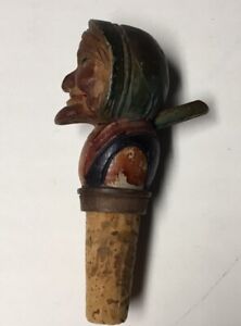 Vintage ANRI Hand Carved Wood & Cork Bottle Stopper Mechanical Old Woman ITALY