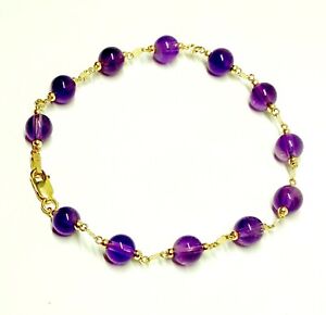 14k solid yellow gold 6mm natural Amethyst, bracelet 7 inches  lobster claw