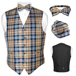 Men's Plaid Design Dress Vest BOWTie Navy BROWN White BOW Tie Hanky Set Suit Tux