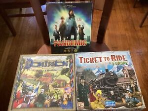 3 game lot:  Ticket to Ride Europe, Dominion, and Pandemic