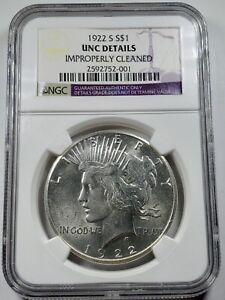1922 -S $1 PEACE SILVER DOLLAR -NGC GRADED UNC DETAILS-Cleaned