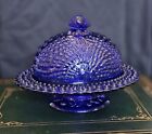 Cobalt Blue Hobnail Glass Covered Butter/Cheese Dish Vintage/Seashell Top