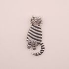 Vintage Sterling Silver Cat Brooch with Black Stripes and Whiskers 925