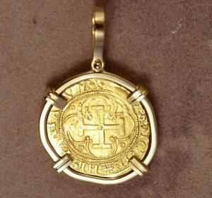 High Grade Spain1 Escudo Gold Cob Coin 1516-1556 in Solid 18kt Gold Pendant