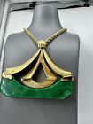 Alice Caviness Green Marble & Gold Fashion Designer Necklace 21”