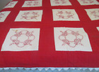 New ListingVintage Red & White Quilt Embroidered Floral Blocks Hand Quilted~Prairie Points