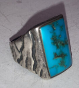 Vintage Navajo Old Pawn Sterling Silver Turquoise Mens Pinky Ring Size 7.5