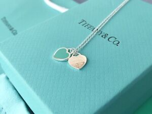 TIFFANY & Co. Return to Mini Double Blue Heart Enamel Pendant Necklace
