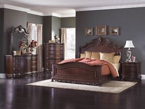 Old World Cherry Brown Bedroom Furniture - 5pc Set w/ Queen King Sleigh Bed IA5F