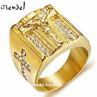 MENDEL Mens Stainless Steel Gold Plated CZ Jesus Cross Crucifix Ring Size 7 8-15