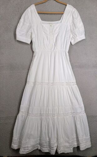 Loft White Lace Dress Medium Puff Sleeve Square Neck Clip Dot Victorian