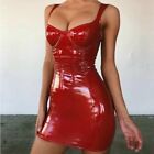 Women Latex Faux Leather Bodycon Mini Dress Summer Sleeveless Strap Sexy Red